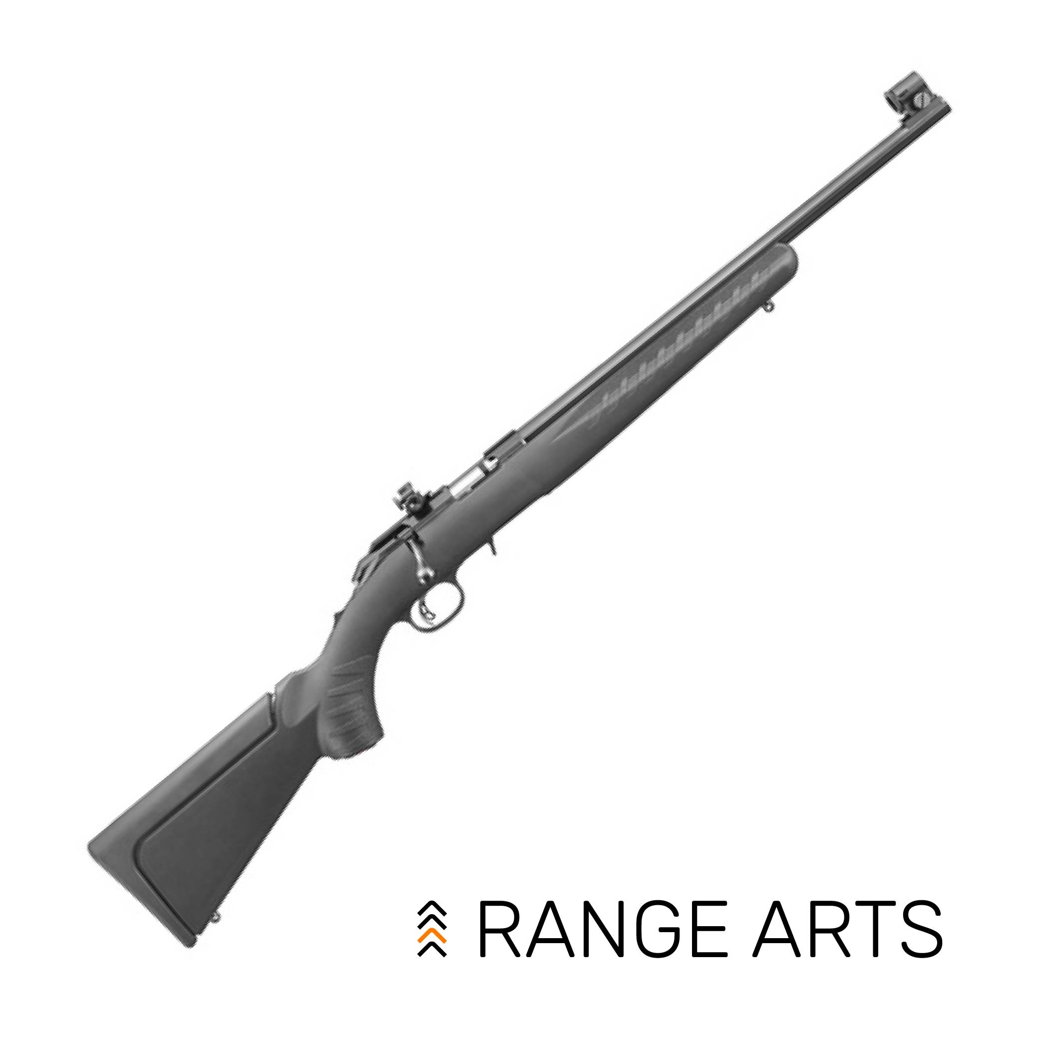 Ruger American Compact 22LR Williams Peep Sight Ruger American Rimfire Compact .22 LR bolt-action rifle with 18-inch barrel and Williams Peep Sight, synthetic stock, photographed on white at Range Arts.